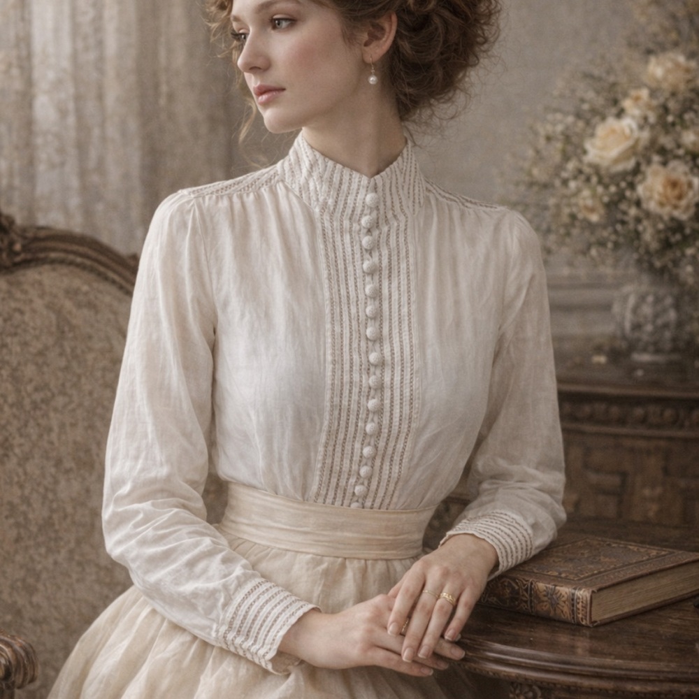 Victorian Style lace embroidery band neck looped buttons tunic top blouse Sz XS